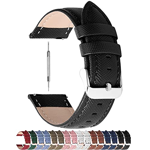 Fullmosa Uhrenarmband Cross Serie Echtes Leder Ersatzarmbänder Smartwatch Armband mit Edelstahl Metall Schließe 18mm, Schwarz + Silberne Schnalle von Fullmosa