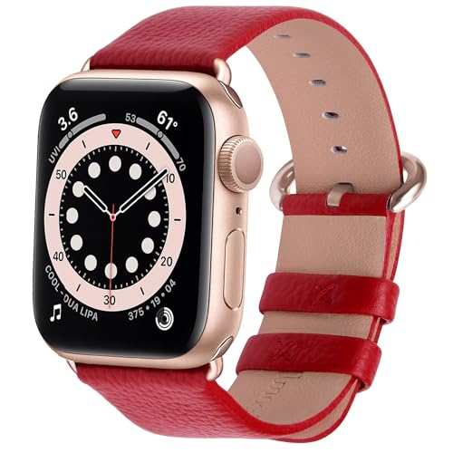 Fullmosa kompatibel mit Apple Watch Armband 41mm Series 9 8 7,Series SE Series 6/5/4 40mm,Series 3/2/1 38mm, Leder Ersatzarmband für iwatch Band, Rot + Roségoldene Schnalle von Fullmosa