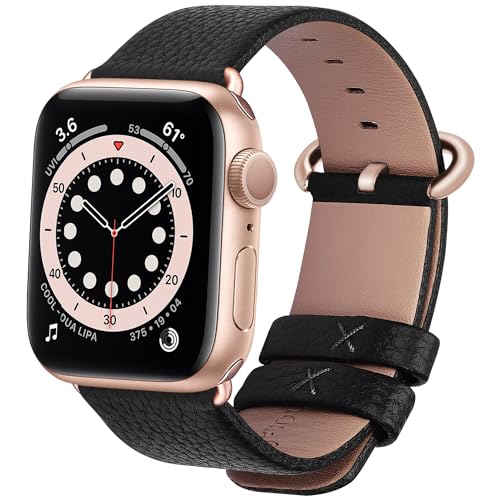 Fullmosa kompatibel mit Apple Watch 9 8 7 Armband 45mm, SE Series 6/5/4 44mm,Series 3/2/1 42mm, Ultra2/Ultra 49mm, Leder Ersatzarmband für iwatch Band, Schwarz + Roségoldene Schnalle von Fullmosa