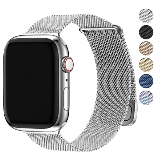 Fullmosa kompatibel mit Apple Watch Armband Ultra 2/ultra 45mm 44mm 42mm Series SE 9 8 7 6 5 4 3 2 1 Milanaise Metallarmband, Edelstahl Magnetisch Ersatzarmbänder für Damen Herren, Silber von Fullmosa