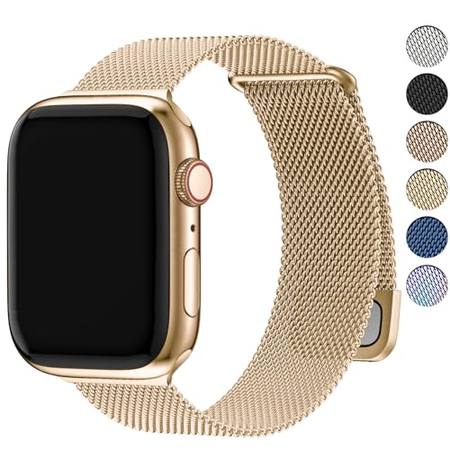 Fullmosa kompatibel mit Apple Watch Armband Ultra 2/ultra 45mm 44mm 42mm Series SE 9 8 7 6 5 4 3 2 1 Milanaise Metallarmband, Edelstahl Magnetisch Ersatzarmbänder für Damen Herren, Gold von Fullmosa