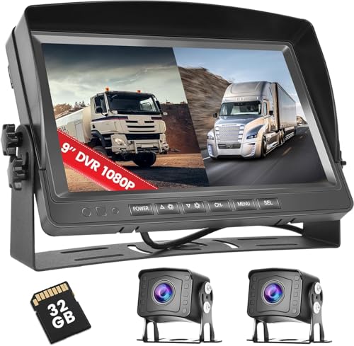 Doppelte Rückfahrkamera für LKW mit 9 Zoll 1080P Aufnahmemonitor, 32G TF Karte, Kamera Rückfahranzeige, 2 Geteilter Bildschirm, Nachtsicht, IP69 Wasserdicht, Rückfahrkamera für LKW, Wohnmobil, Van von Fuluku