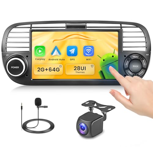 Fuluku 2+64G Android Autoradio für FIAT 500 2007-2015 mit Drahtlosem Carplay Android Auto, 7 Zoll Bildschirm Autoradio mit Bluetooth/WiFi/GPS/Rückfahrkamera/FM/RDS/SWC(Schwarz) von Fuluku