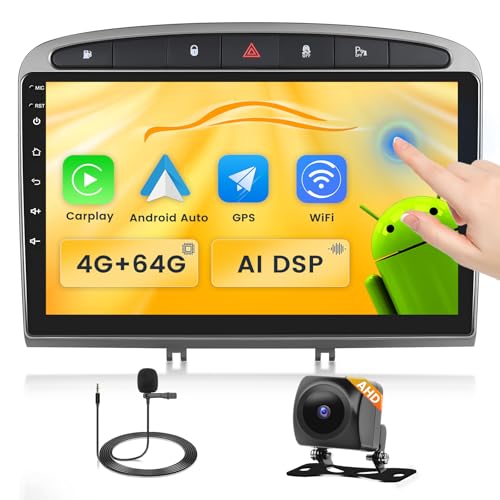 Fuluku 4+64G Android Autoradio für Peugeot 308/408 2007-2015 mit Wireless Carpaly&Android Auto, 9'' IPS Touch Screen Radio mit Bluetooth 5.0/GPS/Rückfahrkamera/FM/WiFi/SWC（Grau） von Fuluku