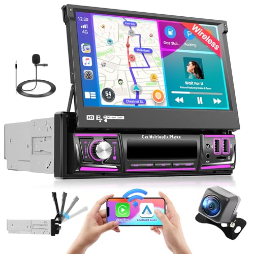 Fuluku Carplay Android 1 Din Retractable Touch Screen Monitor, HD Touchscreen 1 Din 7 Zoll Radio Bluetooth FM SWC EQ Mirror Link Rückfahrkamera MIC von Fuluku