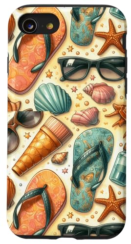 Sommer-Strand-Design, Muscheln, Seestern, Flip-Flops-Stil Hülle für iPhone SE (2020) / 7 / 8 von Fun Summer Beach Designs