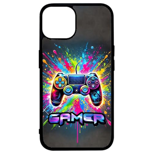 FunKaz Schutzhülle für iPhone 14 Plus – Gamer Controller mit mehrfarbigem Hintergrund – schwarze Schutzhülle aus TPU (geeignet für Induktion) von FunKaz