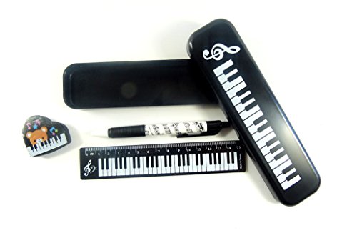 FunMusicOnline Musik Themed Schreibwaren - Schwarz Kunststoff Federmäppchen mit mechanischem Bleistift, Radiergummi und Lineal von FunMusicOnline