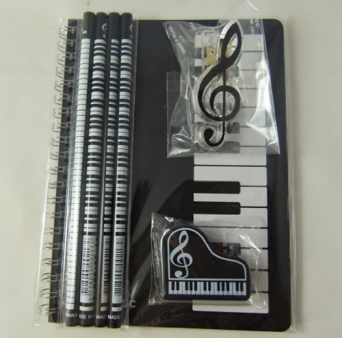 Musik-Themen Briefpapier Notebook Set - A5 Schwarz Keyboards Spirale gebunden Notebook, Klavier Eraser, Violinschlüssel Clip und 4 Musical Notes Bleistifte von FunMusicOnline