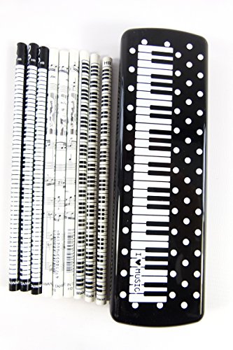 Packung mit 15 Musik-themenorientierte Bleistifte (3 Design) in weiße Flecken Klavier-Tasten Schwarz PVC Kunststoff-Bleistift-Kasten-Satz von FunMusicOnline