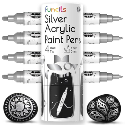 Funcils 4 Dual-Tip Acrylstifte Silber – Feine Spitze & Mittlere Spitze – Silberner Stift für Steine, Leinwand, Holz, Keramik, Glas, Stoff, Reifen und Schuhe – Acrylstifte für Kinder & Erwachsene von Funcils