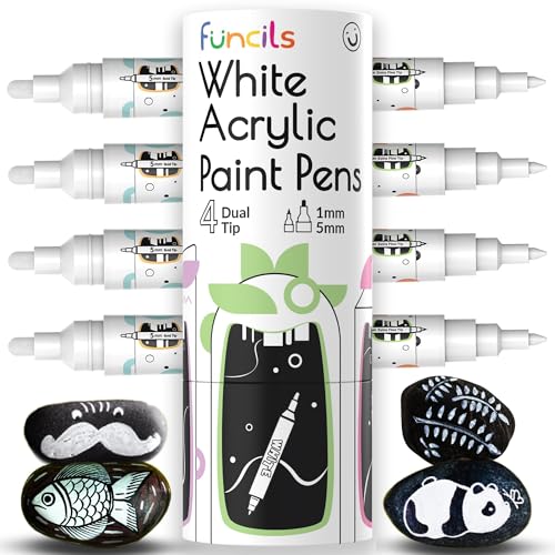 Funcils 4 Dual-Tip Acrylstifte Weiß – Feine Spitze & Mittlere Spitze – Weißer Stift für Steine, Leinwand, Holz, Keramik, Glas, Stoff, Reifen und Schuhe – Acrylstifte für Kinder & Erwachsene von Funcils