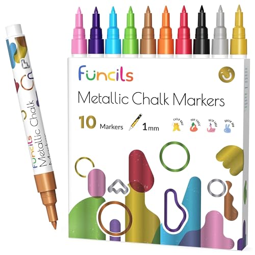 Funcils Kreidestifte für Tafel Abwaschbar | 10 Metallic Stifte 1mm Extra Feine Spitze | Kreide Stift für Fenster, Tafel, Whiteboard & als Glasstift. Chalk markers für Erwachsene & Kinder von Funcils