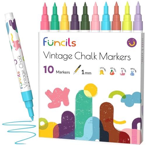 Funcils Vintage Kreidestifte für Tafel Abwaschbar - 10 Kreidemarker Pastell 1mm Extra Feine Spitze - Kreide Stift für Fenster, Tafel und als Glasstift. Chalk markers für Erwachsene & Kinder von Funcils
