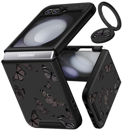 Funermei (2in1 für Samsung Galaxy Z Flip 5 Case Butterfly für Frauen Girls Cute Phone Cover Pretty Aesthetic Girly Black Butterfly Design mit Ring Stand Funda für Samsung Z Flip 5 Cases 6.7'' (2023) von Funermei