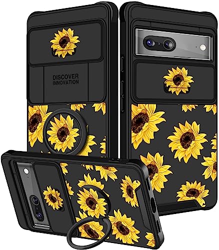 Funermei (2in1 für Google Pixel 7 Hülle für Frauen Sonnenblume niedliche Mädchen Handyhülle Blumen Mädchen Ästhetische Sonnenblume schwarzes Design mit Kamera-Abdeckung + Ringständer für Google Pixel von Funermei