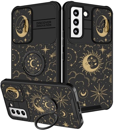 Funermei (2in1 für Samsung Galaxy S22 Hülle für Frauen Mädchen Niedliche Abdeckung Sonne Mond Girly Pretty Stars Ästhetisches Schwarz Einzigartiges Design mit Kamera-Abdeckung und Ringständer Funda von Funermei