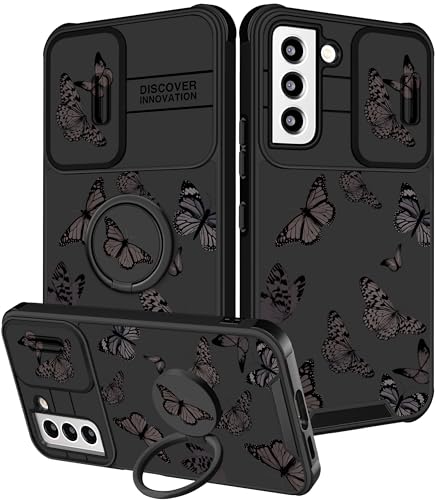 Funermei 2-in-1-Schutzhülle für Samsung Galaxy S22 für Mädchen und Frauen, niedlicher Schmetterling, ästhetisch, schwarz, hübsches modisches Design, mit Kamera-Abdeckung und Ringständer, Funda für Funermei 2-in-1-Schutzhülle für Samsung Galaxy S22 für Mädchen und Frauen, niedlicher Schmetterling, ästhetisch, schwarz, hübsches modisches Design, mit Kamera-Abdeckung und Ringständer, Funda für von Funermei