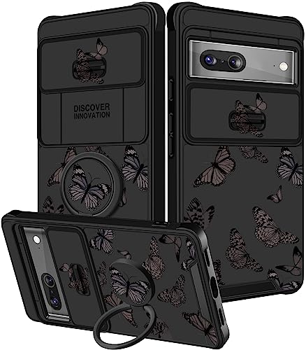 Funermei 2-in-1-Schutzhülle für Google Pixel 7, Motiv: Schmetterling, niedliches Mädchen, Mädchen, schwarz, Schmetterling, hübsches ästhetisches Design, mit Kamera-Abdeckung und Ringständer für Google von Funermei