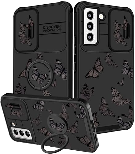 Funermei 2-in-1-Schutzhülle für Samsung Galaxy S21 FE 5G, Motiv: Schmetterling, niedliches Mädchen, hübsches ästhetisches schwarzes Design, mit Kameraabdeckung und Ringständer, Funda für Samsung S21FE von Funermei