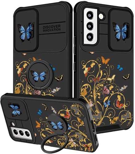 Funermei 2-in-1-Schutzhülle für Samsung Galaxy S21 FE 5G für Damen und Mädchen, niedliches Schmetterlings-Design, modisches ästhetisches Design, mit Kameraabdeckung und Ringständer, Funda für Samsung von Funermei