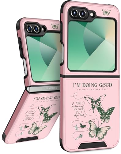 Funermei Schutzhülle für Samsung Galaxy Z Flip 6 – Frauen und Mädchen, niedlich, hübsch, ästhetisch, grüner Schmetterling, einzigartiges Design mit Kamera-Abdeckung, Funda für Samsung Flip 6 von Funermei