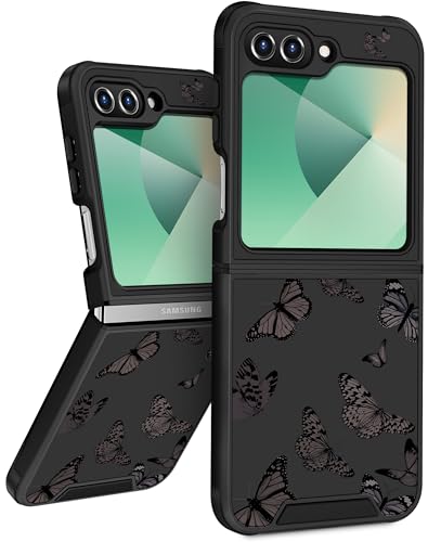 Funermei Schutzhülle für Samsung Galaxy Z Flip 6 – Frauen und Mädchen, niedlich, hübsch, ästhetisch, schwarzer Schmetterling, einzigartiges Design mit Kamera-Abdeckung, Funda für Samsung Flip 6 von Funermei