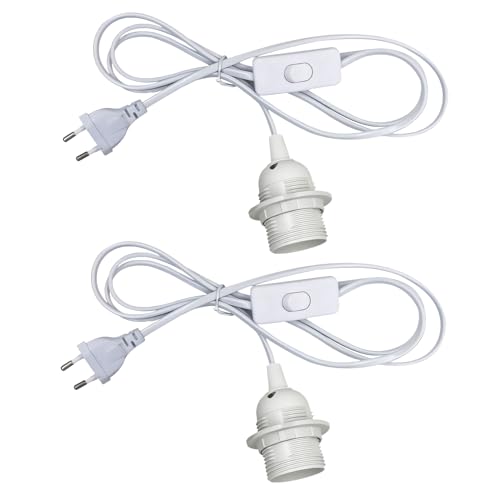 Funmo 2 Stück Weiß E27 Lampenfassung, mit Schalter Fassung 1,8M Kabel Schnurschalter Lampenaufhängung Montagering, für Lampenaufhängung, Pendelleuchte, Deckenlampe, DIY Lampen von Funmo