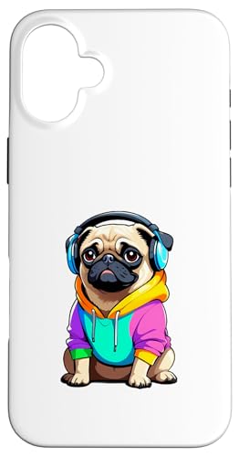 Comic-Mops mit Kopfhörern im bunten Look Hülle für iPhone 16 Plus von Funny Animals of the World - Dog