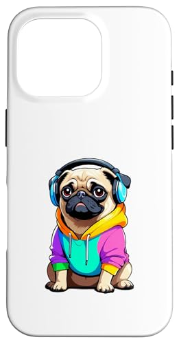 Comic-Mops mit Kopfhörern im bunten Look Hülle für iPhone 16 Pro von Funny Animals of the World - Dog