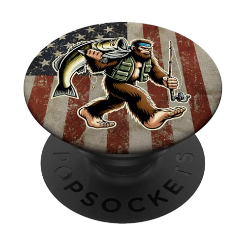 Bigfoot Fisherman mit Großbarsch und amerikanischer Flagge PopSockets Klebender PopGrip Bigfoot Fisherman mit Großbarsch und amerikanischer Flagge PopSockets Klebender PopGrip von Funny Bigfoot Fishing Largemouth Bass Fisherman