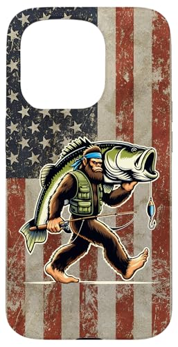 Forellenbarschfischen Bigfoot Fisherman Fish mit amerikanischer Flagge Hülle für iPhone 15 Pro von Funny Bigfoot Fishing Largemouth Bass Fisherman