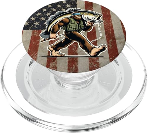 Forellenbarschfischen Bigfoot Fisherman Fish mit amerikanischer Flagge PopSockets PopGrip für MagSafe von Funny Bigfoot Fishing Largemouth Bass Fisherman