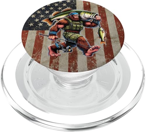 Forellenbarschfischen Bigfoot Fisherman Fish mit amerikanischer Flagge PopSockets PopGrip für MagSafe von Funny Bigfoot Fishing Largemouth Bass Fisherman