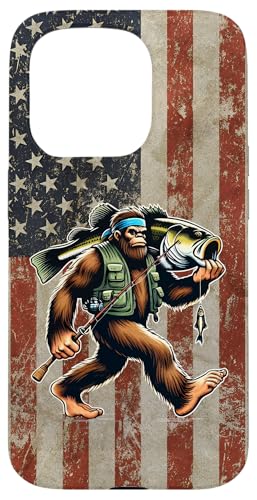 Largemouth Barsch Angeln Sasquatch Amerikanische Flagge Fischer Hülle für iPhone 15 Pro von Funny Bigfoot Fishing Largemouth Bass Fisherman