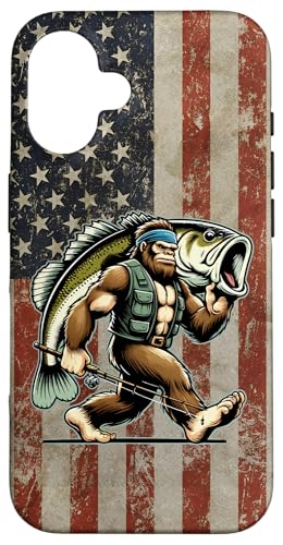 Largemouth Barsch Angeln Sasquatch Amerikanische Flagge Fischer Hülle für iPhone 16 von Funny Bigfoot Fishing Largemouth Bass Fisherman