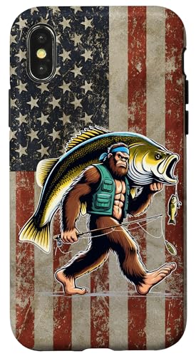 Largemouth Barsch Angeln Sasquatch Amerikanische Flagge Fischer Hülle für iPhone X/XS von Funny Bigfoot Fishing Largemouth Bass Fisherman