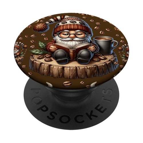 Brown Coffee Bean Decor For Librarian With Book Lover Gnome PopSockets Klebender PopGrip von Funny Gnome Coffee Accessories & Book Lover Gifts