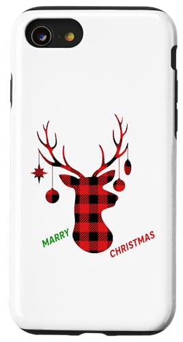 Red Plaid Merry Christmas Letter Rentier Schneeflocke Büffel Hülle für iPhone SE (2020) / 7 / 8 von Funny Santa Christmas Pajama Gifts