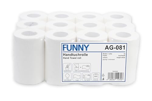 Funny Papierhandtuchrolle MINI, Innenabwicklung 20 cm, Ø 13 cm, 1 lagig, hochweiß, 1er Pack (1 x 12 Stück) von Funny