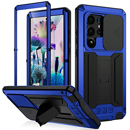 FW Samsung Galaxy S23 Ultra Metall Hülle mit Slide Kamera Abdeckung Eingebauter Displayschutzfolie Full Body Hybrid S23 Ultra Case Metall Kickstand Militär Heavy Duty Armor Silikon Hülle für Mann von FunnyWin
