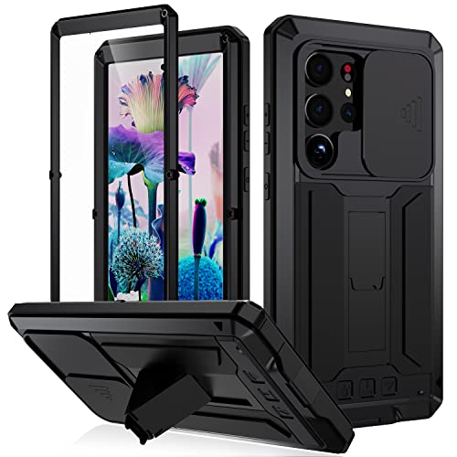 FW Samsung Galaxy S23 Ultra Metall Hülle mit Slide Kamera Abdeckung Eingebauter Displayschutzfolie Full Body Hybrid S23 Ultra Hülle Metall Kickstand Militär Heavy Duty Armor Silikon Hülle für Mann von FunnyWin