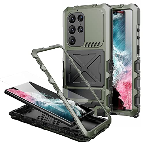 FW Samsung S23 Ultra Hülle Metall Silikon Armor Full Body Heavy Duty Tough S23 Ultra Rugged Military Grade Case with Metal Stand Built-in Screen Protector Staubdicht Stoßfest Case for Man (Grün) von FunnyWin