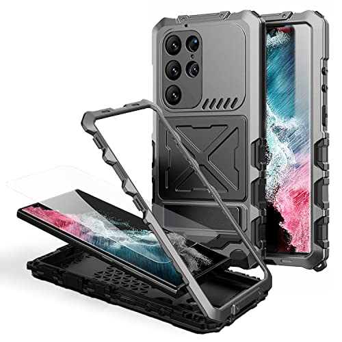 FW Samsung S23 Ultra Hülle Metall Silikon Armor Full Body Heavy Duty Tough S23 Ultra Rugged Military Grade Case with Metal Stand Built-in Screen Protector Staubdicht Stoßfest Case for Man (Schwarz) von FunnyWin