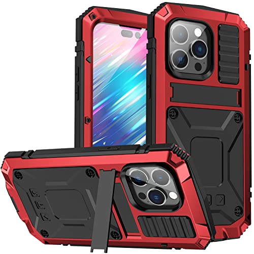 FunnyWin Metall-Schutzhülle für iPhone 14 Pro Max, Aluminium, Militärqualität, robuste Schutzhülle mit Metallständer, Displayschutzfolie, sturzgetestet, stoßfest, vollständige Abdeckung, Rot von FunnyWin