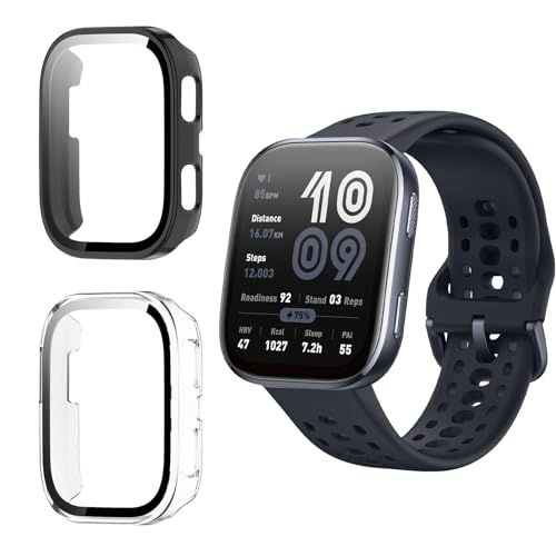 Funrae Hülle Kompatibel mit Amazfit Bip 6 [2 Stück], PC Gehäuse mit Hartglas Displayschutz Schutzhülle Vollschutz Kratzfest Ultradünner Puffer Schutz Case - Schwarz&Transparent von Funrae