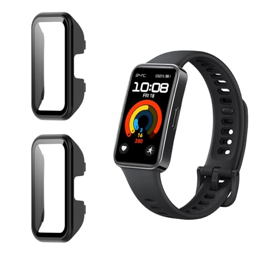 Funrae Hülle Kompatibel mit Huawei Band 10/Band 9/Band 8 [2 Stück], PC Gehäuse mit Hartglas Displayschutz Schutzhülle Vollschutz Kratzfest Ultradünner Puffer Schutz Case - Schwarz von Funrae