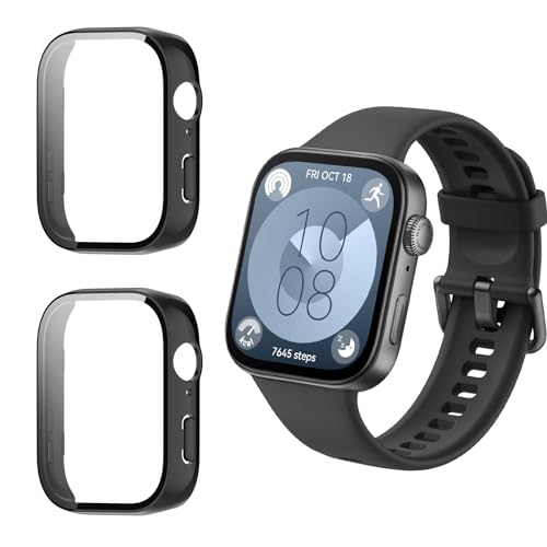 Funrae Hülle Kompatibel mit Huawei Watch Fit 3 [2 Stück], PC Gehäuse mit Hartglas Displayschutz Schutzhülle Vollschutz Kratzfest Ultradünner Puffer Schutz Case - Schwarz von Funrae