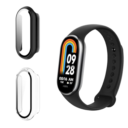 Funrae Hülle Kompatibel mit Xiaomi Mi Band 9 [2 Stück], PC Gehäuse mit Hartglas Displayschutz Schutzhülle Vollschutz Kratzfest Ultradünner Puffer Schutz Case - Schwarz&Transparent von Funrae
