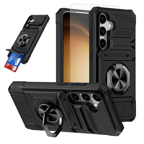 Furiet Handyhülle für Samsung Galaxy A35 5G, gehärtetes Glas, Displayschutzfolie, Kartenfächer, Magnetring-Ständer, stoßfest, weiches Silikon, Bumper, Hybrid, zweilagig, Schutz für A 35 35A A355G von Furiet